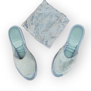 Vintage Blue Satin and Lace Women's House Slippers 60s Peep Toe